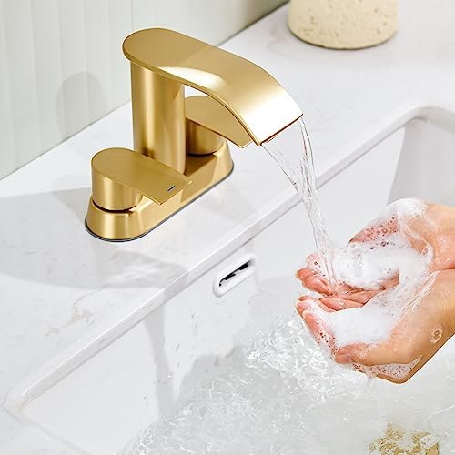 Ultimate Unicorn Bathroom Faucet for Sink Brushed Gold, 4 Inch Bathroom Sink Faucet for 3 Hole or 2 Hole, 2 Handle Waterfall Faucets with Pop up Drain, Centerset Faucets for RV Counter