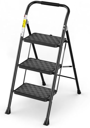 HBTower 3 Step Ladder, 3 Step Stool for Adults, 3 Step Ladder Folding Step Stool with Cushioned Handle Step Ladder with Wide Pedal Ergonomic Design,Black