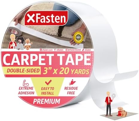 XFasten Double Sided Carpet Tape for Area Rugs 3 Inch x 20 Yards, Residue-Free Carpet Tiles Tape, Removable Heavy-Duty Rug Pad Gripper for Hardwood, Vinyl Flooring Underlayments, Laminate- Wood-Safe
