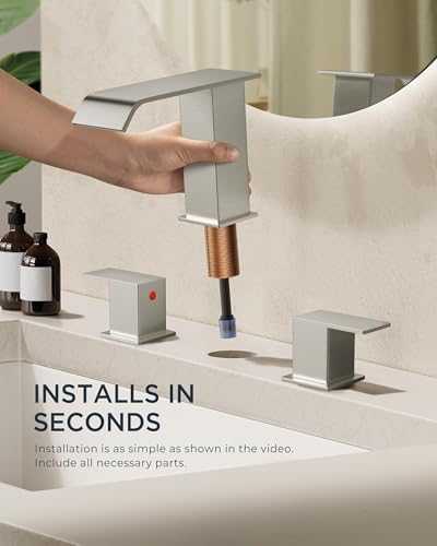 FORIOUS Widespread Bathroom Sink Faucet 3 Hole Brushed Nickel, 2 Handles Waterfall Bathroom Faucet with Metal Pop-up Drain and 24" Hot and Cold Water Hoses, Suitable for Vanity RV Restroom