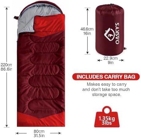 oaskys Camping Sleeping Bag - 3 Season Warm & Cool Weather - Summer Spring Fall Lightweight Waterproof for Adults Kids - Camping Gear Equipment, Traveling, and Outdoors