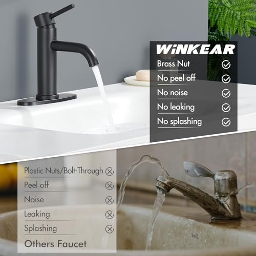 Black Bathroom Faucet, WINKEAR Single Hole Bathroom Faucet with Pop-up Drain and Flexible Hoses, Single Handle Faucet for Bathroom Sink, Vanity, RV, Modern Farmhouse, Suitable for 1 Hole or 3 Hole
