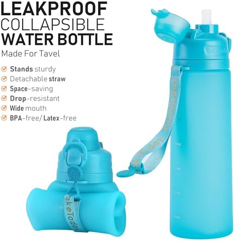 Collapsible Water Bottles 20oz, Leak Proof, BPA-Free, Foldable Silicone Travel Water Bottle with Straw Strap for Cycling, Hiking, Outdoors