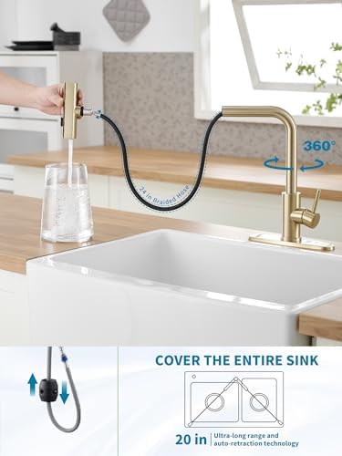 Gold Kitchen Faucets with Pull Down Sprayer,Waterfall Kitchen Sink Faucet,Commercial Utility Stainless Steel Kitchen Faucets,Single Handle Kitchen Sink Faucet with Pull Down Sprayer for 3 Function