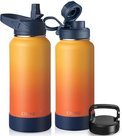 CIVAGO 32 oz Insulated Water Bottle With Straw, Stainless Steel Sports Water Cup Flask with 3 Lids (Straw, Spout and Handle Lid), Wide Mouth Travel Thermal Mug, Gradient Orange