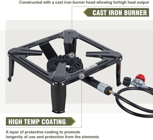 Bestfire High Pressure Propane Burner, 120000 BTU Single Propane Stove with 4.1ft 0-20Psi Adjustable Hose with Regulator, 16" Square Steel Cooktop for Camping