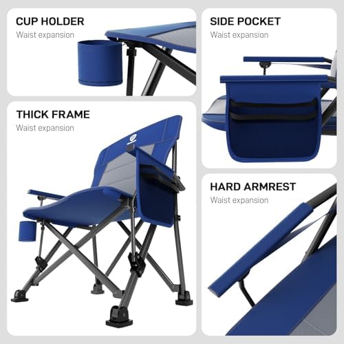 EVER ADVANCED Oversized Folding Camping Chair for Adults with Adjustable Lumbar Support, Heavy Duty Chair with Side Pockets, Portable Collapsible Quad Chair for Outside