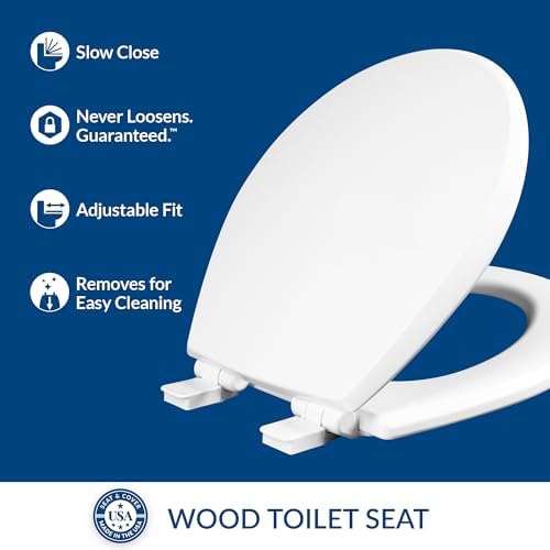 Mayfair Cassel Slow Close Toilet Seat, Easy Clean, Non Slip Premium Wood Seat, Easy Install, Made in USA, Round, White