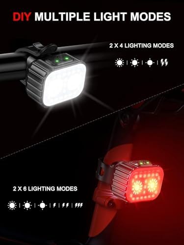 Bike Lights, Rechargeable Bicycle Lights Set Super Bright 8+12 Modes, IPX6 Waterproof Bike Lights for Night Riding/Cycling Safety, Front and Back Taillight Reflectors, 58 Hrs Long Battery Life
