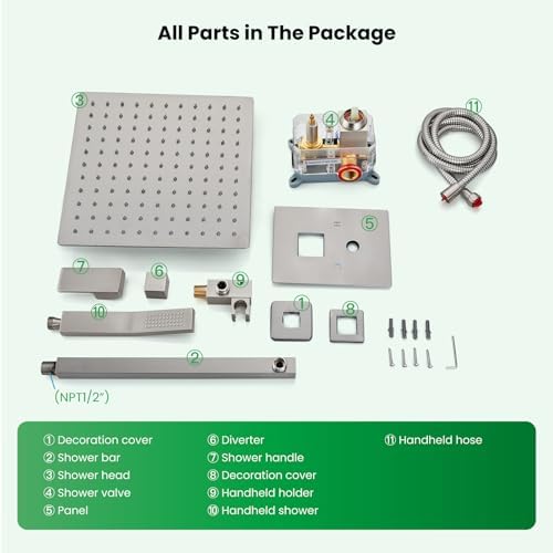 gotonovo Rainfall Bathroom Shower System Rain Shower Head and Handle Set Wall Mounted Shower Complete Combo Solid Brass Pressure Balancing Shower Mixer Valve 10 Inch Brushed Nickel