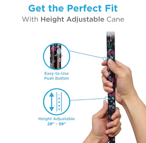 Designer Walking Cane with Offset Handle, Lightweight Adjustable Walking Stick with Carrying Strap,"Black w/Blue and Pink Flowers" Design, Black W/Blue and Pink Flowers