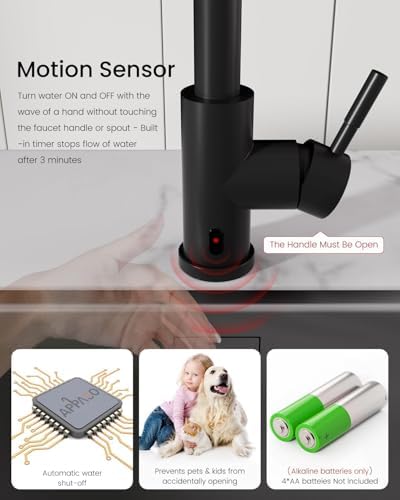 APPASO Touchless Kitchen Faucet, Matte Black Hands Free Kitchen Sink Faucet with Soap Dispenser and Pull Down Sprayer 3 Modes, Activated Motion Sensor Faucets for Kitchen Sink, S304 Stainless Steel