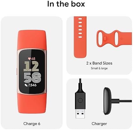 Fitbit Charge 6 Fitness Tracker with Google apps, Heart Rate on Exercise Equipment, 6-Months Premium Membership Included, GPS, Health Tools and More, Gold/Coral, One Size (S & L Bands Included)