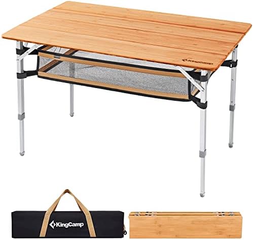 KingCamp Adjustable Height Folding Table, 4-Fold Bamboo Camping Outdoor Portable RV Camp Table with Carry Bag & Storage for Outdoor Car Backyard Picnic Tailgating Beach