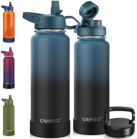 CIVAGO 40 oz Insulated Water Bottle With Straw, Stainless Steel Sports Water Cup Flask with 3 Lids (Straw, Spout and Handle Lid), Double Walled Travel Thermal Canteen Mug, Indigo Black