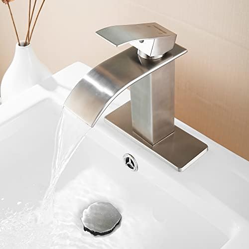 FRANSITON Brushed Nickel Waterfall Bathroom Faucet Lavatory Single Handle 1 or 3 Hole Bathroom Sink Faucet Washbasin Faucet with Deck and Pop-up Drain (Brushed Nickel- Set of 2, Short)