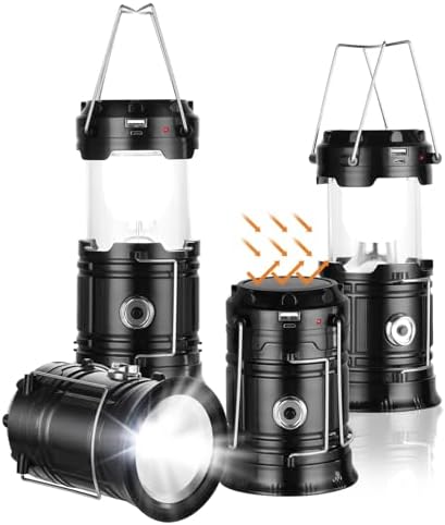 Solar Camping Lantern for Power Outages - USB Rechargeable Lamp Camping Essentials,Collapsible Waterproof Solar Lights for Indoor Outdoor Emergency Light/4 Packs