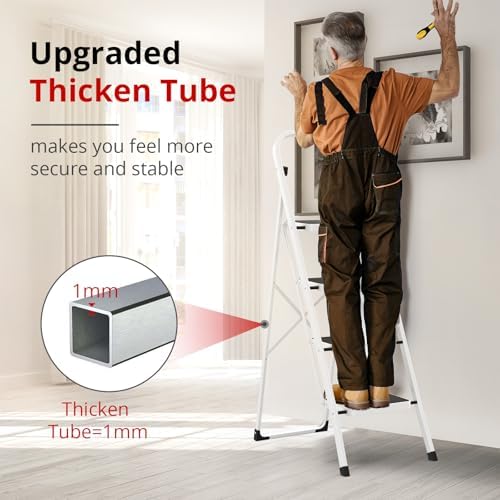 HBTower Step Ladder Folding Step Stool for Adults with Anti-Slip Pedal,330 lbs Capacity for Kitchen, Home,White