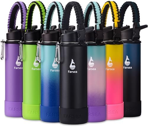Farsea Insulated Water Bottle With Paracord Handle, Protective Boot and 2 Lids (Straw Lid & Spout Lid), Stainless Steel Water Bottle Wide Mouth, Double Wall Sweat-Proof BPA-Free, 24 oz
