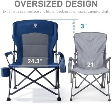 EVER ADVANCED Oversized Folding Camping Chair for Adults, Heavy Duty Lawn Chair with Side Pockets, Portable Collapsible Quad Chair for Outside, Support Up to 500lbs