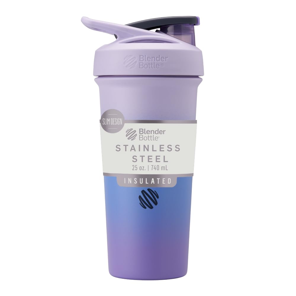 BlenderBottle Sport Sleek Insulated Stainless Steel Shaker Bottle with Wire Whisk, 25-Ounce, Lavender Ombre – Protein Shakes & Hydration for Athletes & Fitness Enthusiasts, Easy Mixing, Slim Easy to Hold, Keeps Drinks Cold, Lockable Lid