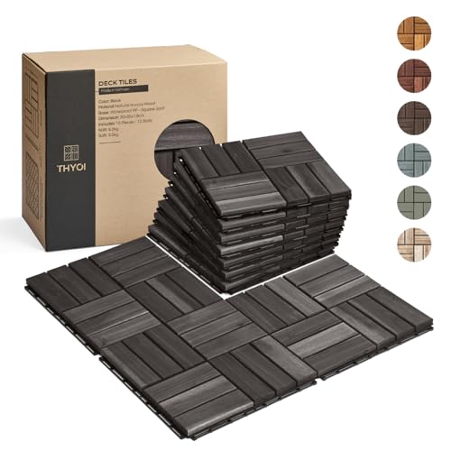10 Pcs Interlocking Deck Tiles, Patio Flooring - Outdoor Waterproof Acacia Wood Tiles for All Weather Use - Balcony, Backyard, Indoor & Outdoor (Black, 10 Pcs - 12.1 Square Ft)
