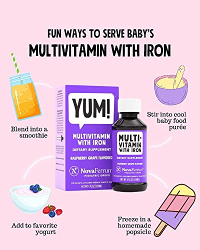 NovaFerrum Yum | Multivitamin with Iron for Infants, Toddlers & Kids | Immune Support | Ages 4 & Under | Gluten Free Certified | Sugar Free | Raspberry Grape | 50 Servings