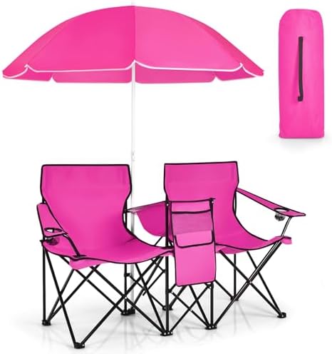 KOTEK Double Camping Chair, Folding Camp Chair with Removable Umbrella, Cup Holders, Cooler Bag, Side Pocket & Carry Bag, 2-Person Beach Chair for Outdoor, Sports, Concerts, Travel, Picnic (Pink)