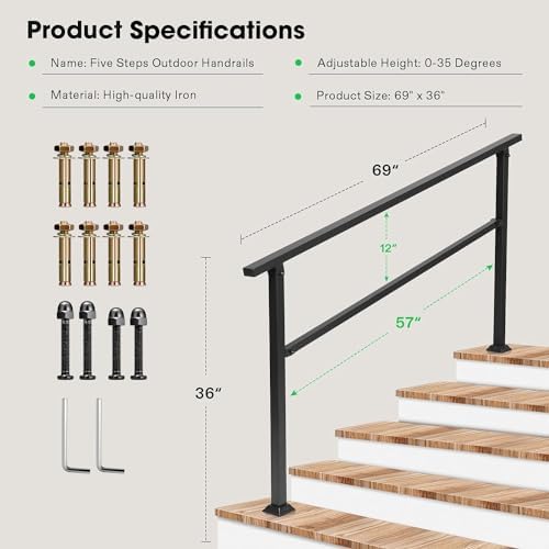 VIVOSUN Outdoor Handrail, 5 Step Stair Handrai, 69" x 36" Fits 1 to 5 Steps, Wrought Mattle Iron Handrail for Concrete Steps, Porch Steps, One-Step Assembly, Black