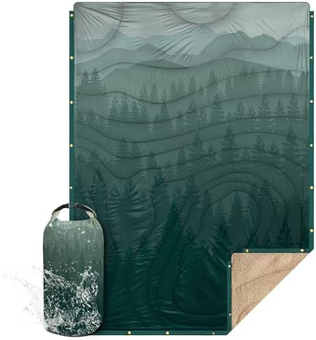 Outdoor Camping Blanket with Sherpa Lining, Extra Warm Thick Camp Blankets and Puffy Ultralight Soft Poncho DWR Camping Quilt for Cold Weather, Adventure, Sleeping, Backpacking 78"x 56"