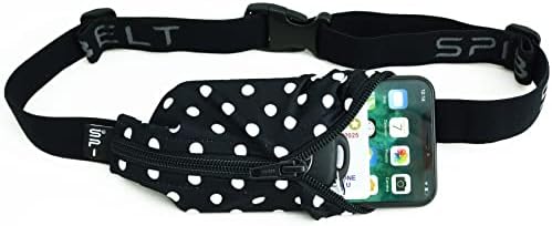 SPIbelt Original Pocket Running Belt for Women Men, Phone Holder for Running, Running Fanny Pack, Holder for Phone, Running Waist Pack, Expandable, Adjustable. Black White Polka Dot/Black Zipper