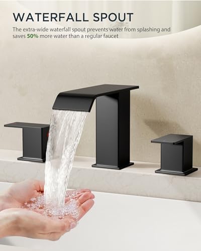 FORIOUS Matte Black Waterfall Bathroom Faucets 3 Hole, 8 Inch Widespread 2 Handles Bathroom Sink Faucet with Pop-up Drain and Flexible Hot and Cold Water Hoses, Suitable for Vanity RV Restroom