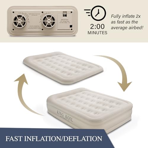 King Koil Luxury Air Mattress 20in Full Size Beige with Built-in Pump for Home, Camping & Guests-Inflatable Airbed Luxury Double High Adjustable Blow Up Mattress, Durable - Portable and Waterproof