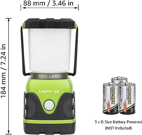 LE 1000LM Battery Powered LED Camping Lantern, Waterproof Tent Light with 4 Light Modes, Camping Essentials, Portable Lantern Flashlight for Camping, Emergency Light, Power Outages, Not Rechargeable