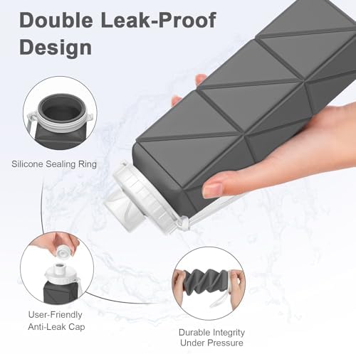 4pack Collapsible Water Bottles, 20.6oz Foldable Water Bottle BPA Free Reusable Lightweight LeakProof Travel Silicone Water Bottles for Travel, Gym, Hiking, Office, Camping, Sports Portable
