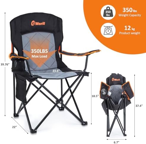 EMERIT Oversized Padded Camping Chair, 350LB Heavy Duty Quad Fold Chair with Arms, Collapsible Outdoor Chairs with Lumbar Back & Cup Holder Black