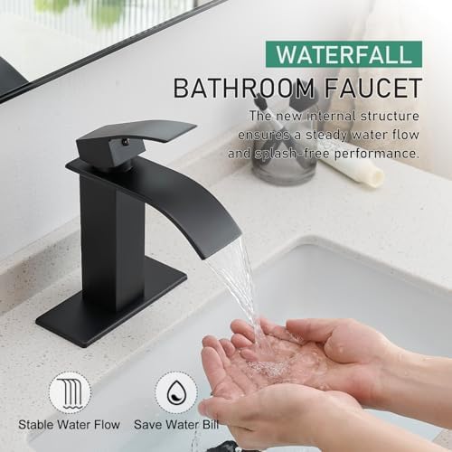VOTON Black Bathroom Faucets Modern Waterfall Bathroom Sink Faucet Matte Black Single Handle Bathroom Faucet for 1 or 3 Holes with Deck Plate and Pop-Up Drain, Rv Sink Camper Farmhouse Bathroom Faucet