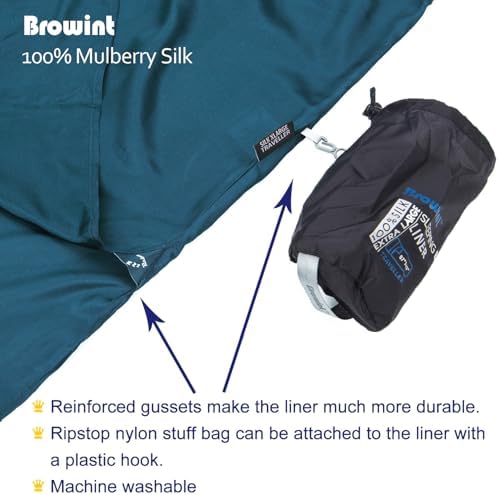 Browint Silk Sleeping Bag Liner, Silk Sleep Sack, Extra Wide 87"x43", Lightweight Travel Sheet for Hotels, More Colors for Option, Reinforced Gussets