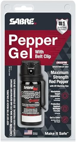 SABRE Crossfire Pepper Gel, Deploys At Any Angle, Maximizes Target Acquisition Against Multiple Threats, Belt Clip For Easy Carry, Fast Flip Top, Max Police Strength OC, Pepper Spray Option 1.5 fl oz