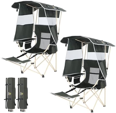 Nice C 2-P Green Camping Chair with Canopy, Shades, Removable Footrest, Cooler Bag, Cup Holder, Foldable, Portable, Outdoor, 400 lbs Capacity