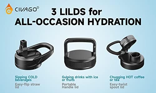 CIVAGO Gallon Insulated Water Bottle Jug with Straw, 128 oz Large Stainless Steel Water Flask, Big Metal Thermal Mug with 3 Lids for Sports, Travel, Gym, and Camping, Indigo Black