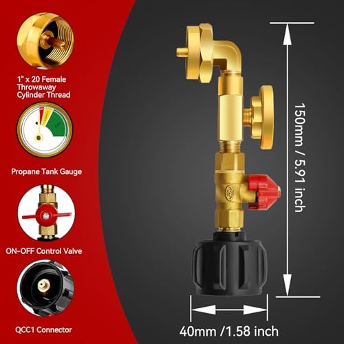 Propane Refill Adapter for 1 Lb. Tanks, 2025 Upgraded Propane Refill Elbow Adapter with Tank Gauge and Valve Control, Propane Adapter 20lb to 1lb Converter fits QCC1 /POL-Type 1 Propane Tank