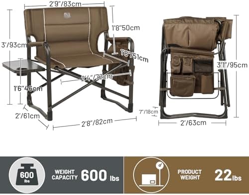 TIMBER RIDGE XXL Upgraded Oversized Directors Chairs with Foldable Side Table, Detachable Side Pocket, Heavy Duty Folding Camping Chair up to 600 Lbs Weight Capacity (Brown) Ideal Gift