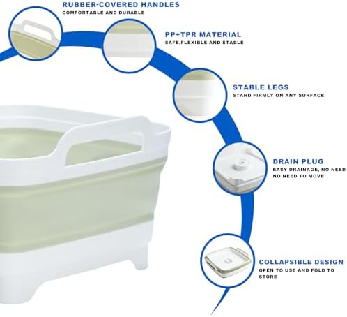 Collapsible Dish Basin Foldable Kitchen Sink With Drain Plug Plastic Laundry Tub 9L/2.4Gal RV & Camping Wash Basin Space-Saving Bottle Washing Sink (Green)