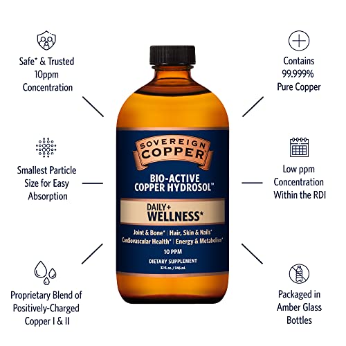 Sovereign Copper Bio-Active Colloidal Copper Hydrosol, Daily+ 4-in-1 Wellness Supplement for Joint and Bone*, Hair, Skin and Nails*, Cardiovascular Health* and Energy and Metabolism Support*, 32oz