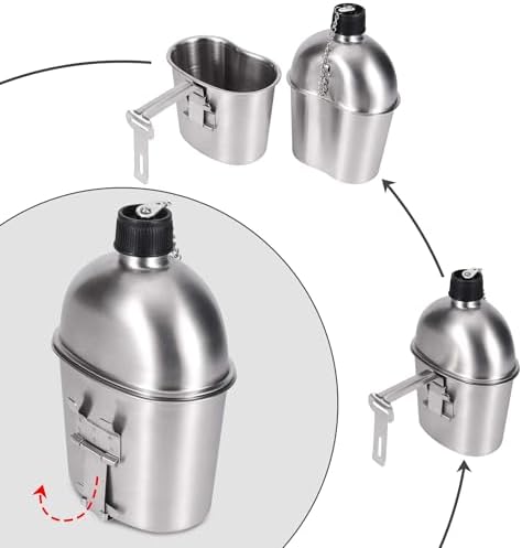 Goetland Stainless Steel WWII US Army Canteen Water Bottle Military Canteen Kit 1QT with 0.5QT Cup Nylon Pouch G.I.