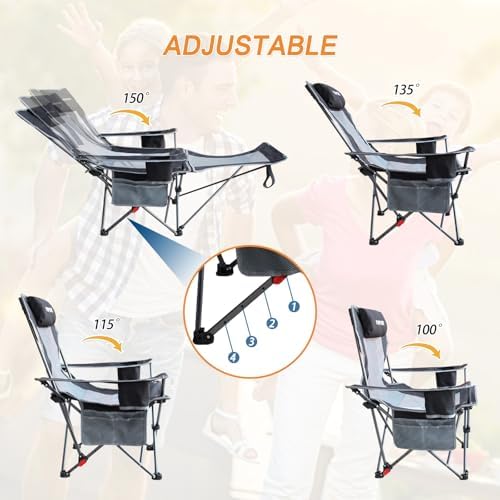 Reclining Camping Chair with Removable Footrest Lounge Chair with Headrest, Cotton Cushion, Portable Adjustable Folding Chairs for Adults Black