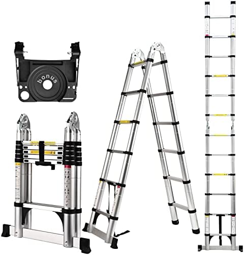 Telescoping Ladder A Frame, 12.5 Ft Compact Aluminum Extension Ladder, Portable Telescopic RV Ladder for Outdoor Camper Trips Motorhome with Tool Platform and Stabilizer Bar, 330 lb Capacity