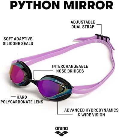 ARENA Unisex Python Racing Swim Goggles for Men and Women Anti-Fog No Leak Max Comfort Dual Strap, Mirror/Non-Mirror Lens