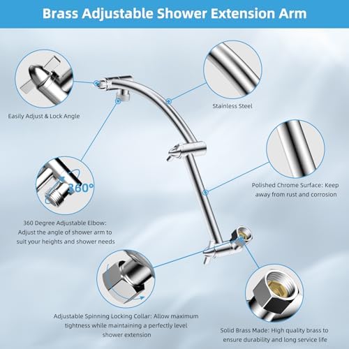 Hibbent All Metal Rain Shower Head, 10'' High Pressure Rainfall Square Showerhead with 16" Shower Head Extension Arm, Solid Brass Adjustable Shower Arm Extender, Waterfall fixed Showerheads, Chrome